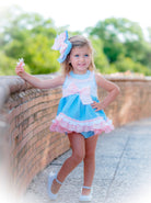 Ela SS24 PRE-ORDER Mini Collection - Girls Blue & Pink Dress, Knickers & Hairpiece - Mariposa Children's Boutique