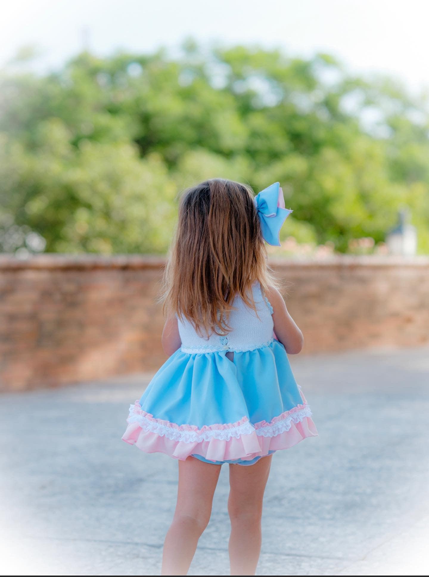 Ela SS24 PRE-ORDER Mini Collection - Girls Blue & Pink Dress, Knickers & Hairpiece - Mariposa Children's Boutique