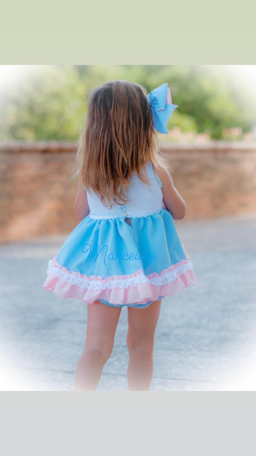 Ela SS24 PRE-ORDER Mini Collection - Girls Blue & Pink Dress, Knickers & Hairpiece - Mariposa Children's Boutique