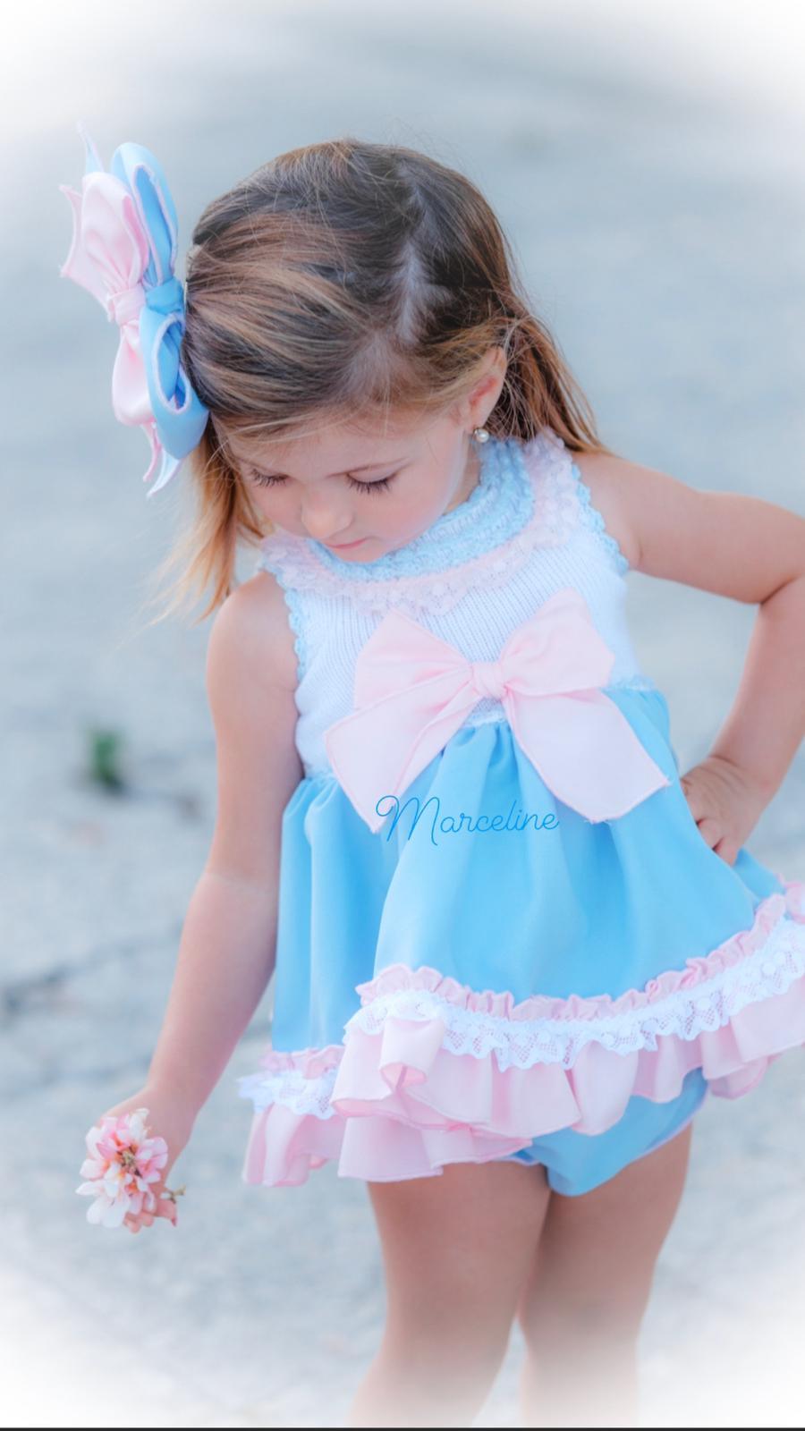 Ela SS24 PRE-ORDER Mini Collection - Girls Blue & Pink Dress, Knickers & Hairpiece - Mariposa Children's Boutique