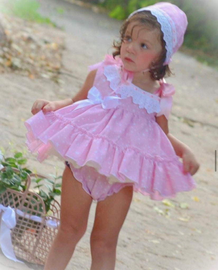 Ela SS24 PRE-ORDER Mini Collection - Girls Pink & White Dress, Knickers & Hairpiece - Mariposa Children's Boutique