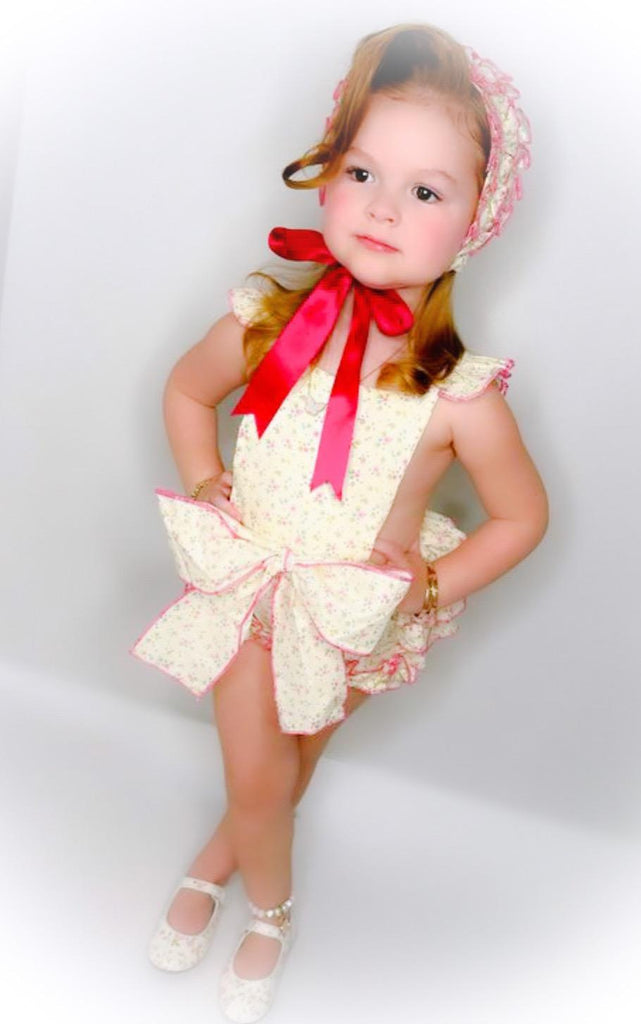 Ela SS24 PRE-ORDER Mini Collection - Girls Yellow & Pink Ruffle Bum Romper - Mariposa Children's Boutique
