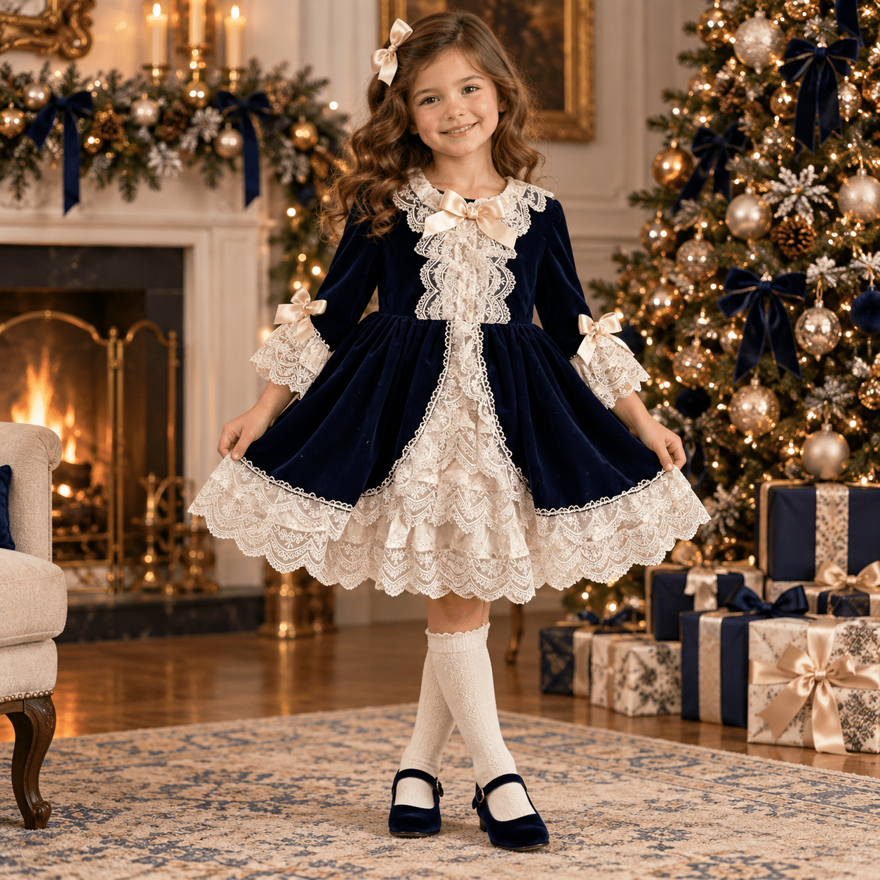 Exclusive Antoinette Girls Navy Velvet Occasion Dress Age 3 | Clearance Sale