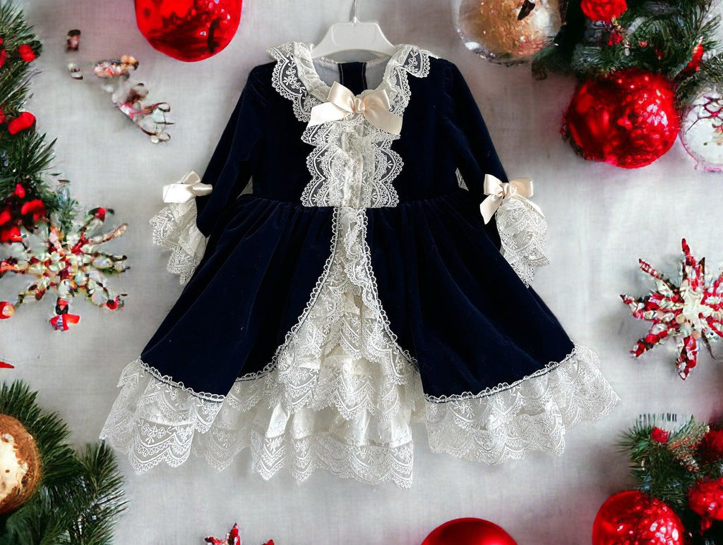 Exclusive Antoinette Navy Velvet Dress Age 3yrs IN-STOCK - Mariposa Children's Boutique