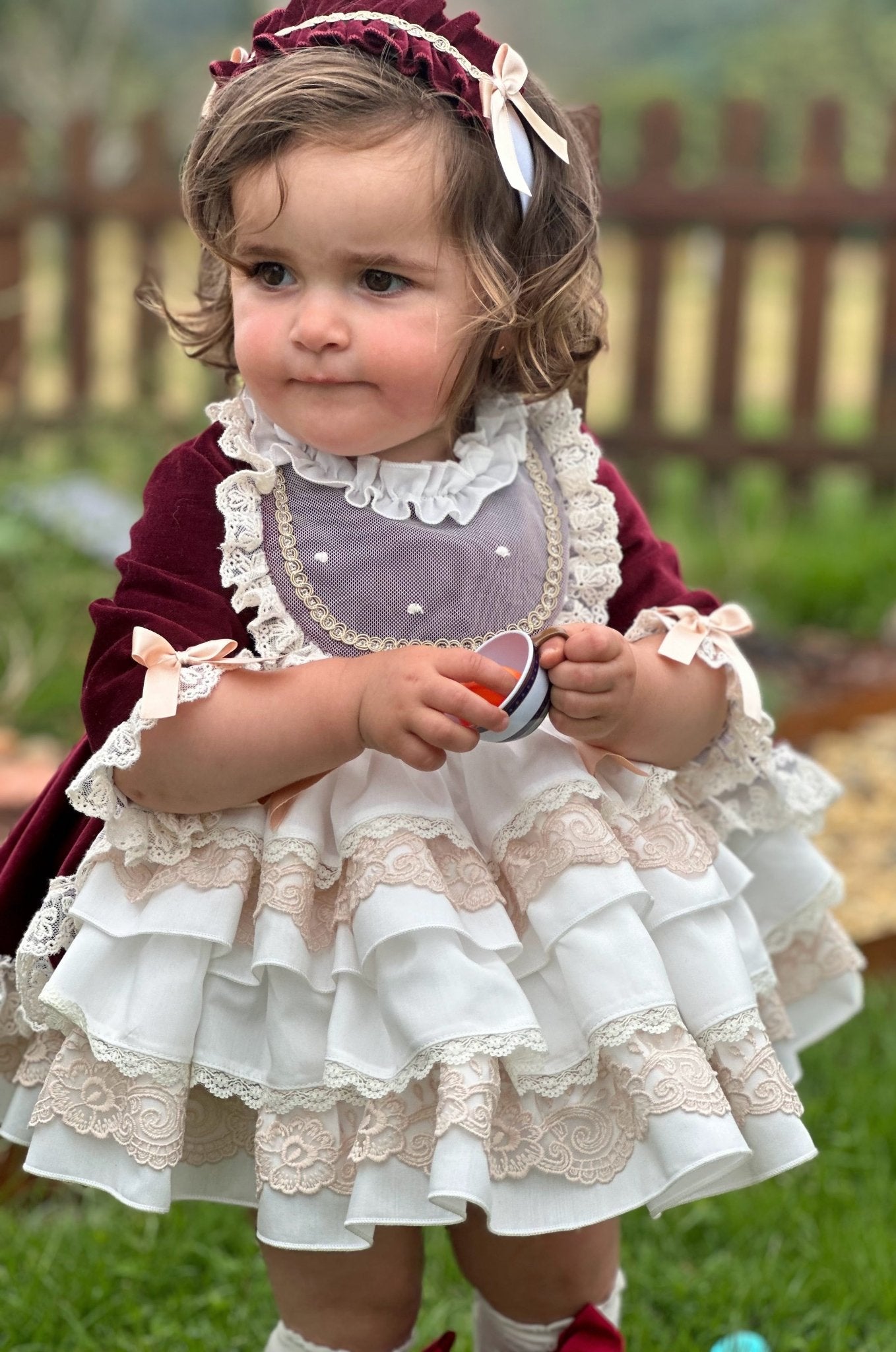 Exclusive AW25 Burgundy & Cream Puffball Dress Only ( MADE TO ORDER ) - Mariposa Children's Boutique