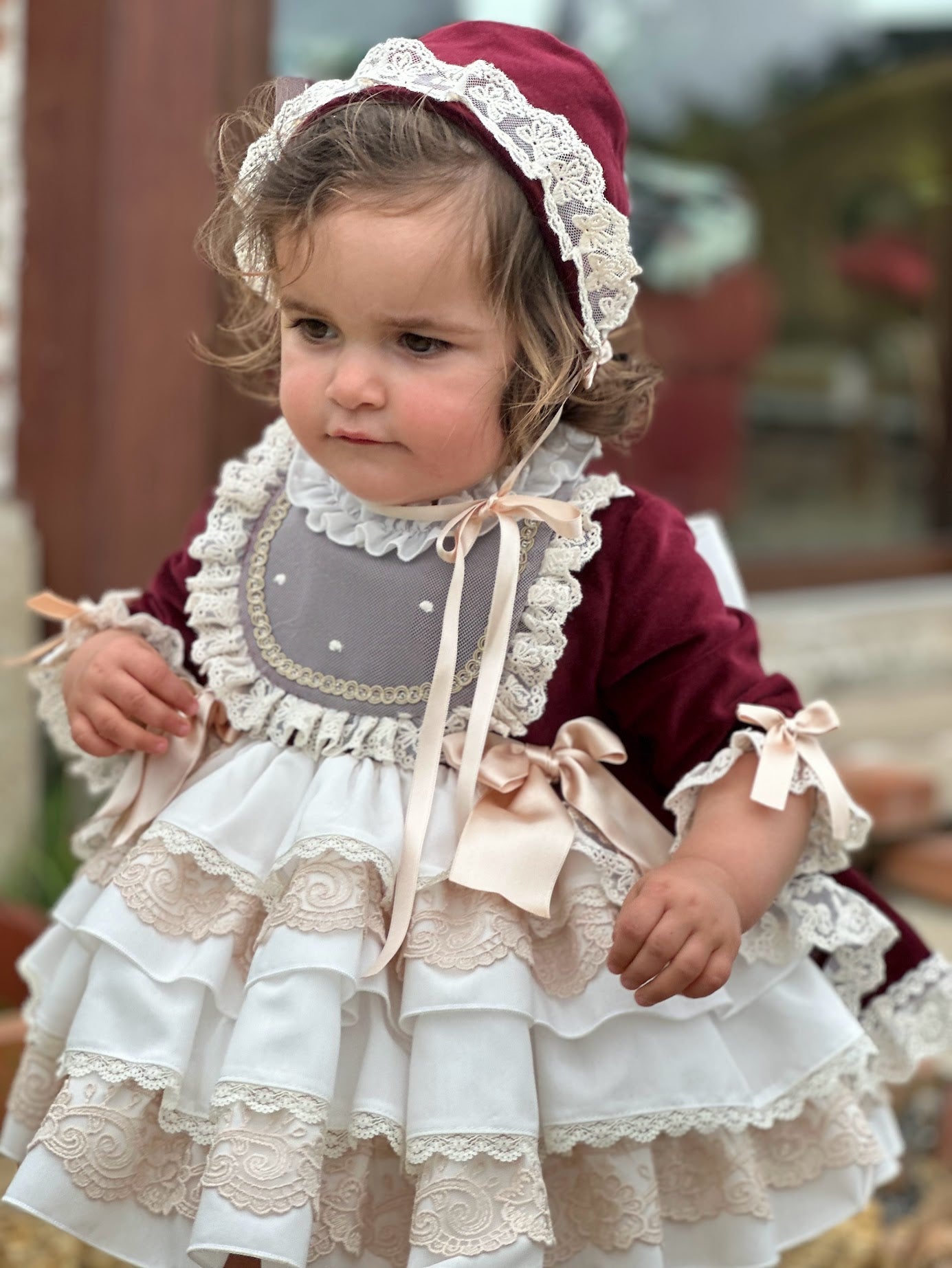 Exclusive AW25 Burgundy & Cream Puffball Dress Only ( MADE TO ORDER ) - Mariposa Children's Boutique