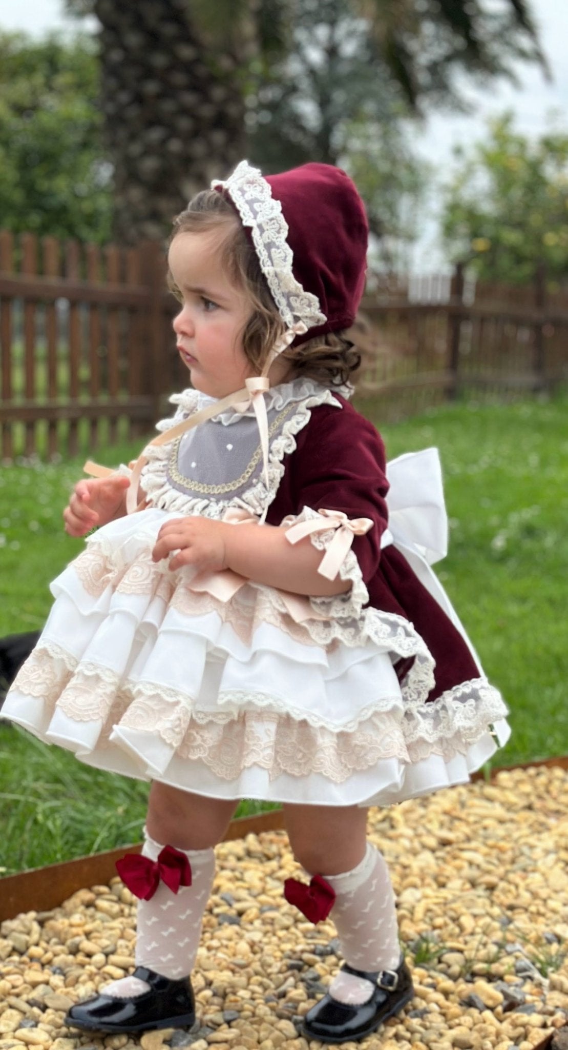 Exclusive AW25 Burgundy & Cream Puffball Dress Only ( MADE TO ORDER ) - Mariposa Children's Boutique