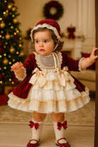 Exclusive AW25 Burgundy & Cream Puffball Dress Only ( MADE TO ORDER )