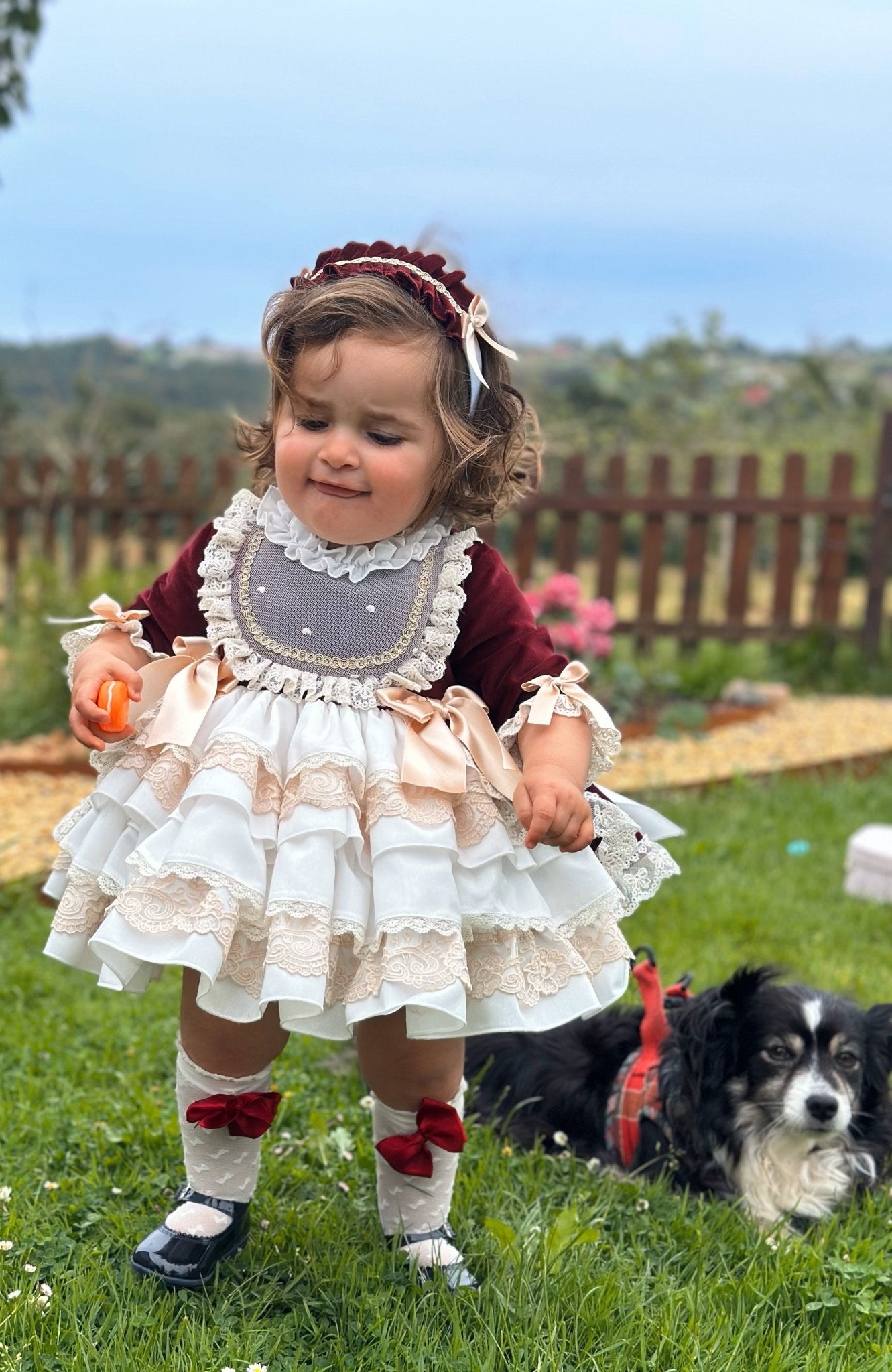 Exclusive AW25 Burgundy & Cream Puffball Dress Only ( MADE TO ORDER ) - Mariposa Children's Boutique
