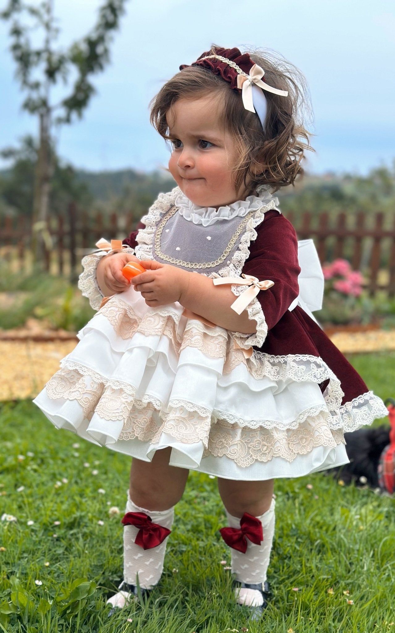 Exclusive AW25 Burgundy & Cream Puffball Dress Only ( MADE TO ORDER ) - Mariposa Children's Boutique