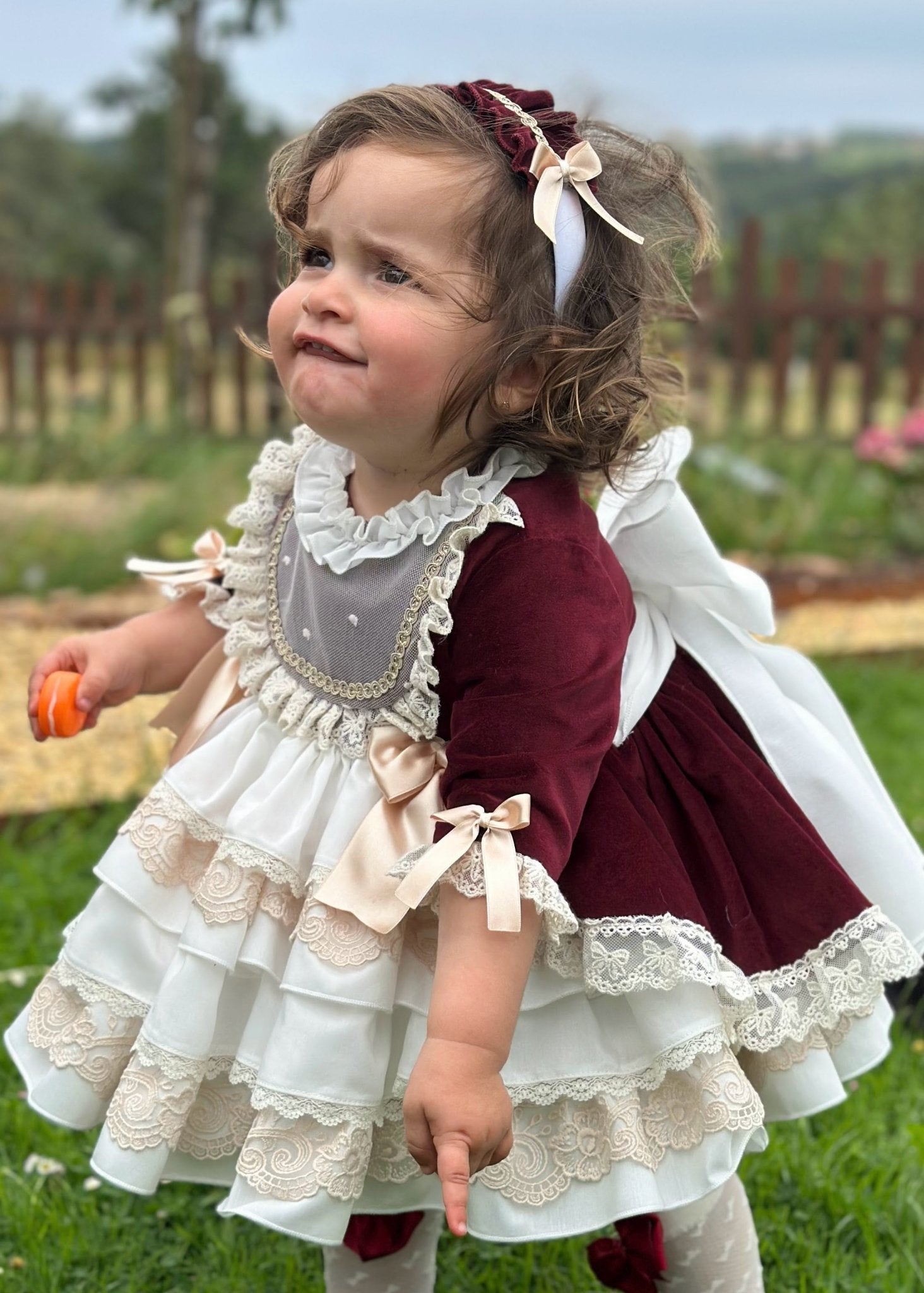 Exclusive AW25 Burgundy & Cream Puffball Dress Only ( MADE TO ORDER ) - Mariposa Children's Boutique