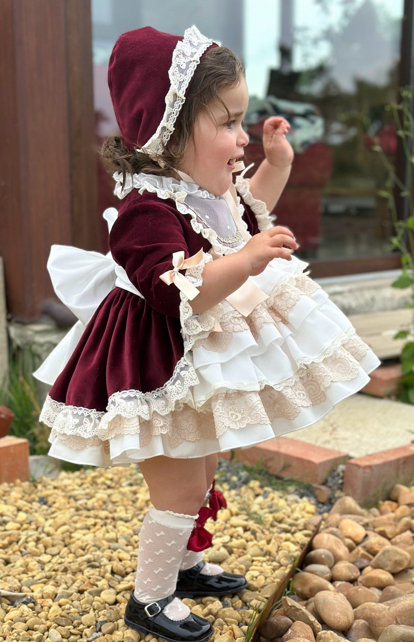 Exclusive AW25 Burgundy & Cream Puffball Dress Only ( MADE TO ORDER ) - Mariposa Children's Boutique