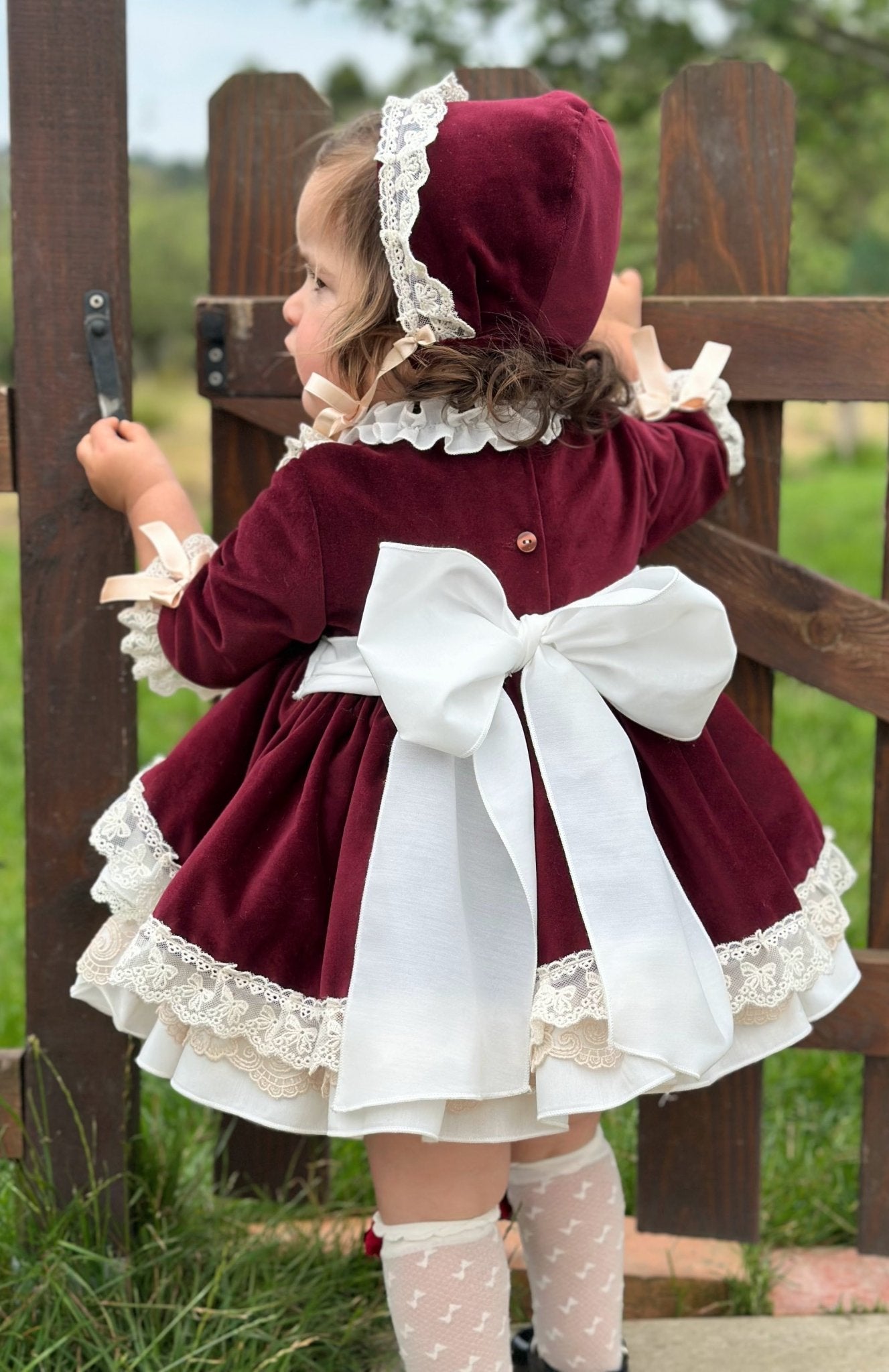 Exclusive AW25 Burgundy & Cream Puffball Dress Only ( MADE TO ORDER ) - Mariposa Children's Boutique