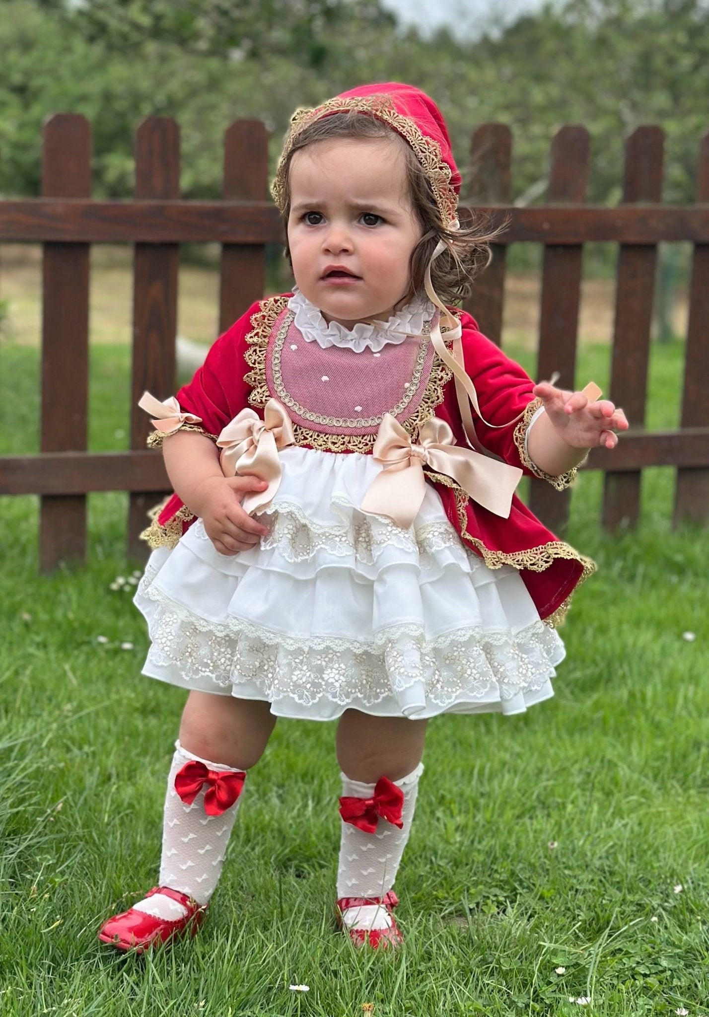 Exclusive AW25 Red & Cream Puffball Dress Only ( MADE TO ORDER ) - Mariposa Children's Boutique
