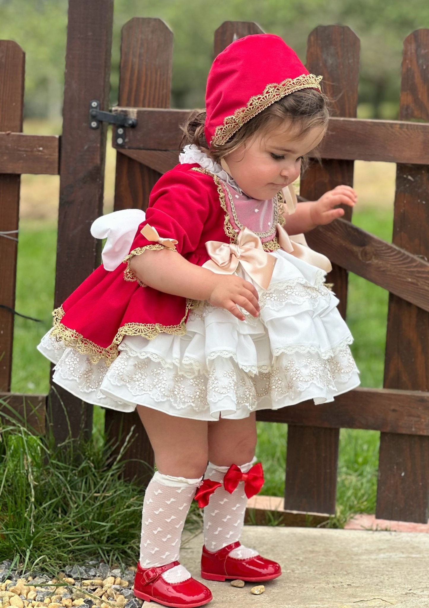 Exclusive AW25 Red & Cream Puffball Dress Only ( MADE TO ORDER ) - Mariposa Children's Boutique