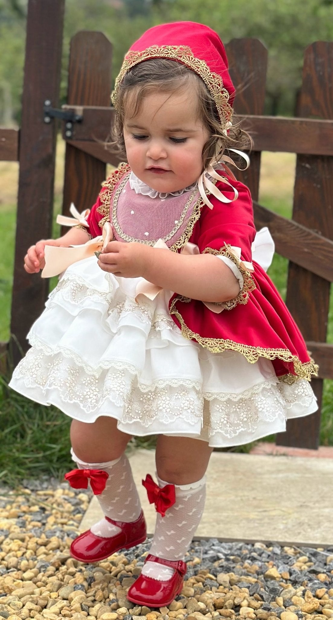Exclusive AW25 Red & Cream Puffball Dress Only ( MADE TO ORDER ) - Mariposa Children's Boutique