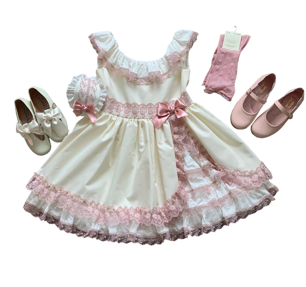 Exclusive Handmade to Order - Girl’s Tiana Cream & Dusky Pink Lace Detail Puffball Dress ( 6-7 Weeks ) - Mariposa Children's Boutique