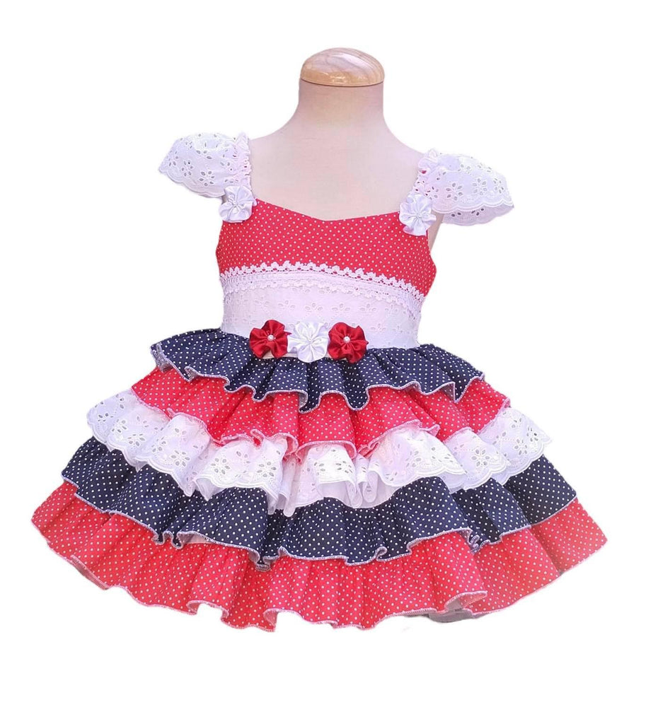 Exclusive Handmade to Order Marina White, Navy & Red Dress - Mariposa Children's Boutique