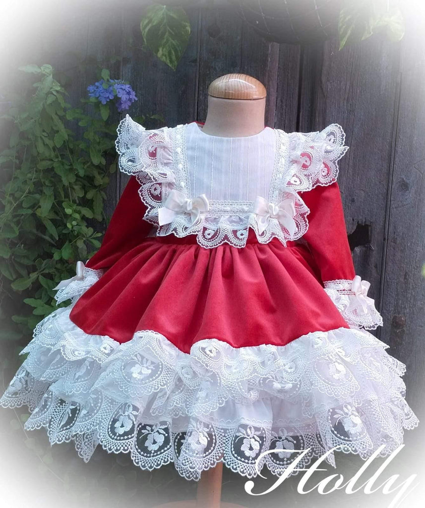 Exclusive - Handmade to Order Holly Red Velvet & Lace Dress - Mariposa Children's Boutique