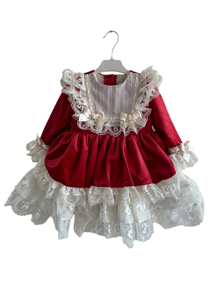 Exclusive - Holly Red & Cream Velvet & Lace Puffball Dress Age 4yrs IN-STOCK - Mariposa Children's Boutique