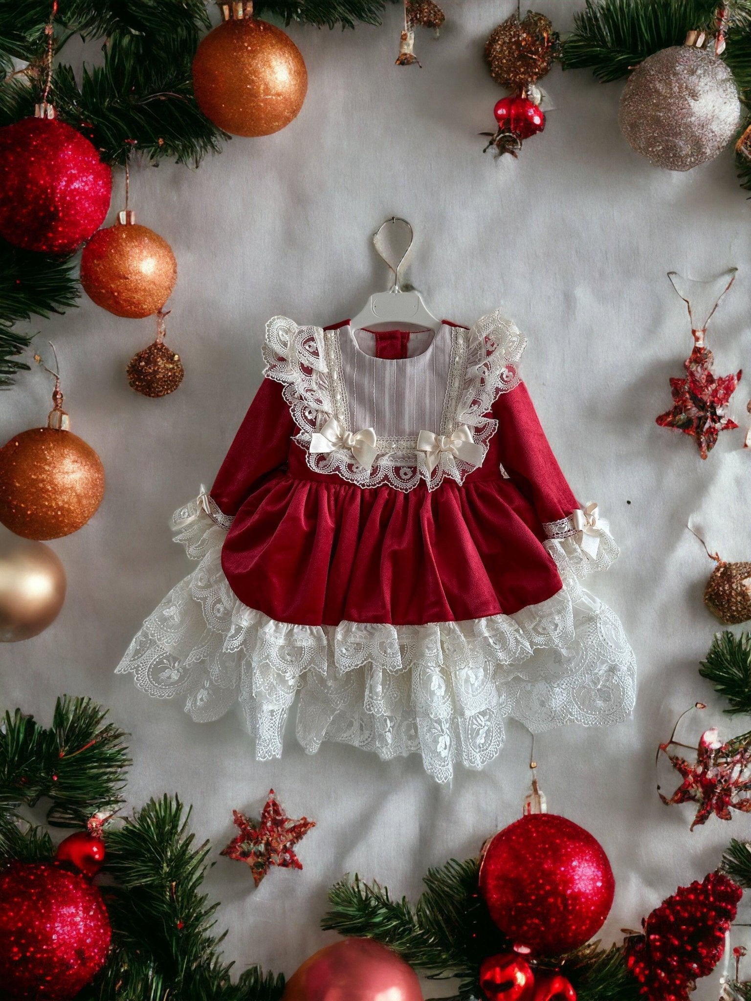 Exclusive - Holly Red & Cream Velvet & Lace Puffball Dress Age 4yrs IN - STOCK - Mariposa Children's Boutique