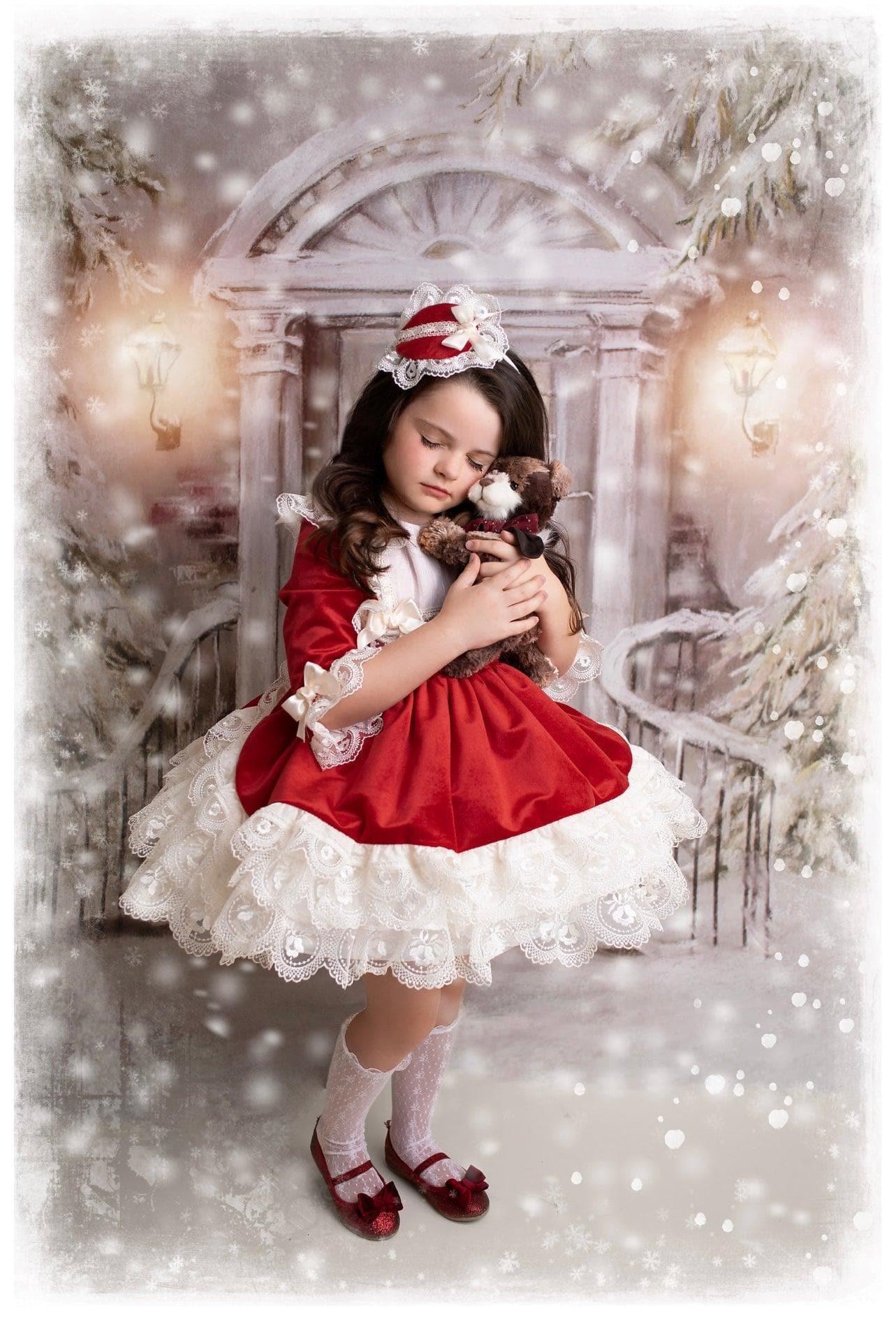 Exclusive - Holly Red & Cream Velvet & Lace Puffball Dress Age 4yrs IN - STOCK - Mariposa Children's Boutique