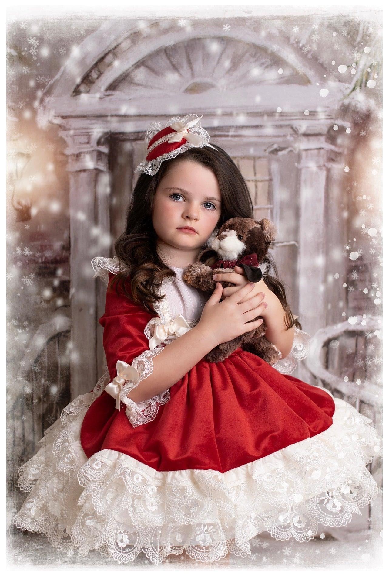 Exclusive - Holly Red & Cream Velvet & Lace Puffball Dress Age 4yrs IN - STOCK - Mariposa Children's Boutique