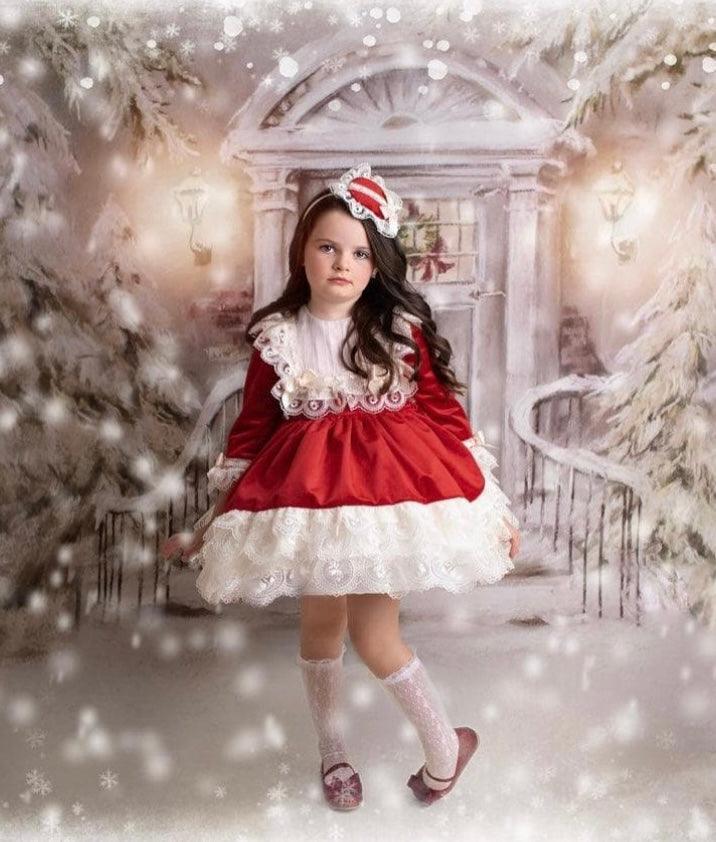 Exclusive - Holly Red & Cream Velvet & Lace Puffball Dress Age 4yrs IN - STOCK - Mariposa Children's Boutique