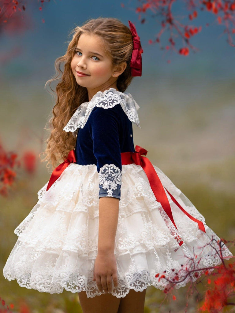 Exclusive JOY Navy Velvet & Cream Lace Dress Handmade to Order - Mariposa Children's Boutique