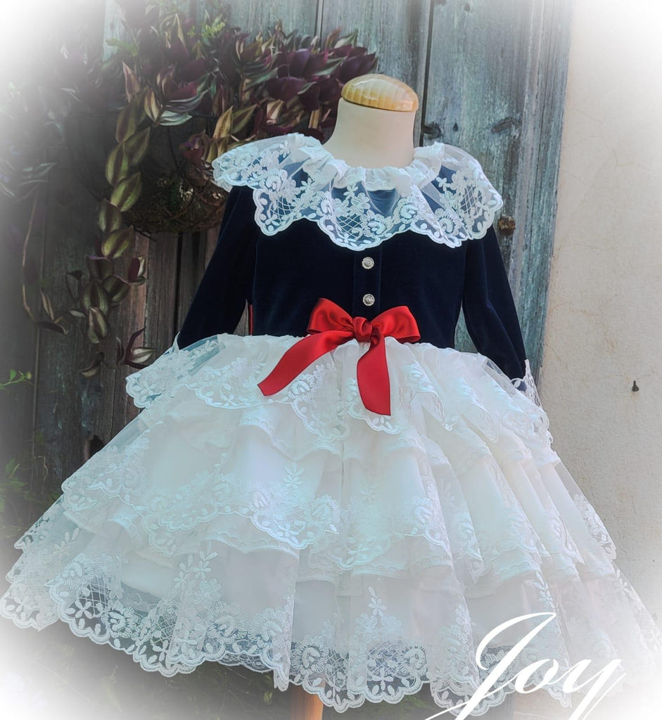 Exclusive JOY Navy Velvet & Cream Lace Dress Handmade to Order - Mariposa Children's Boutique