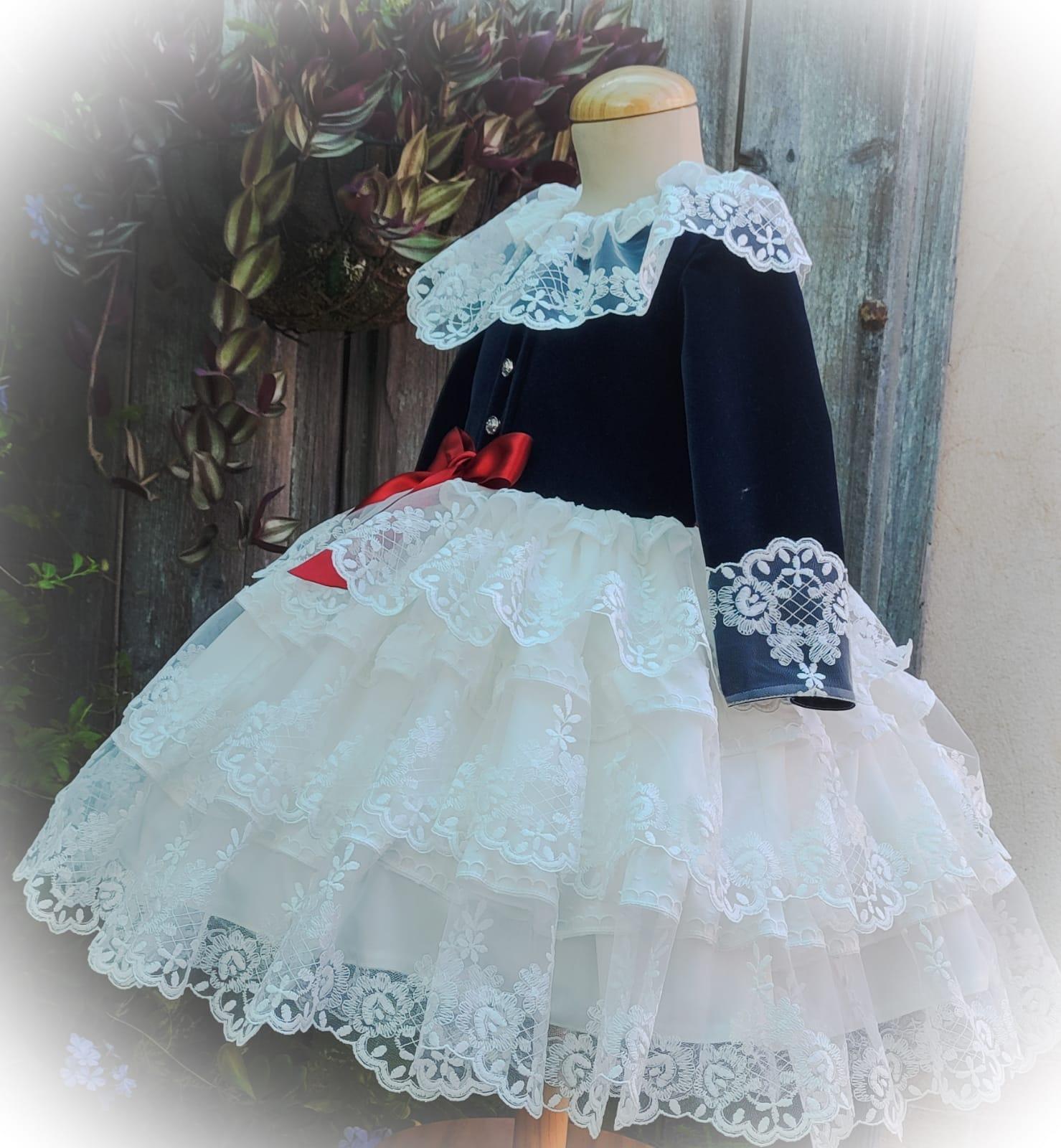 Exclusive JOY Navy Velvet & Cream Lace Dress Handmade to Order - Mariposa Children's Boutique