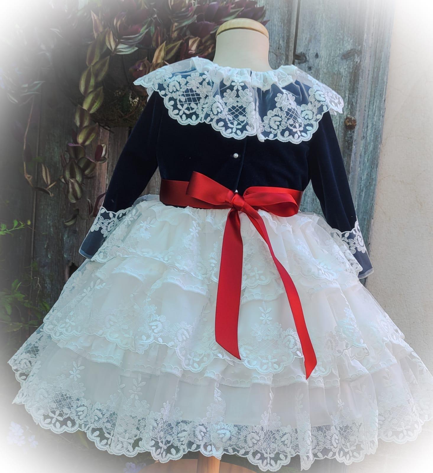 Exclusive JOY Navy Velvet & Cream Lace Dress Handmade to Order - Mariposa Children's Boutique