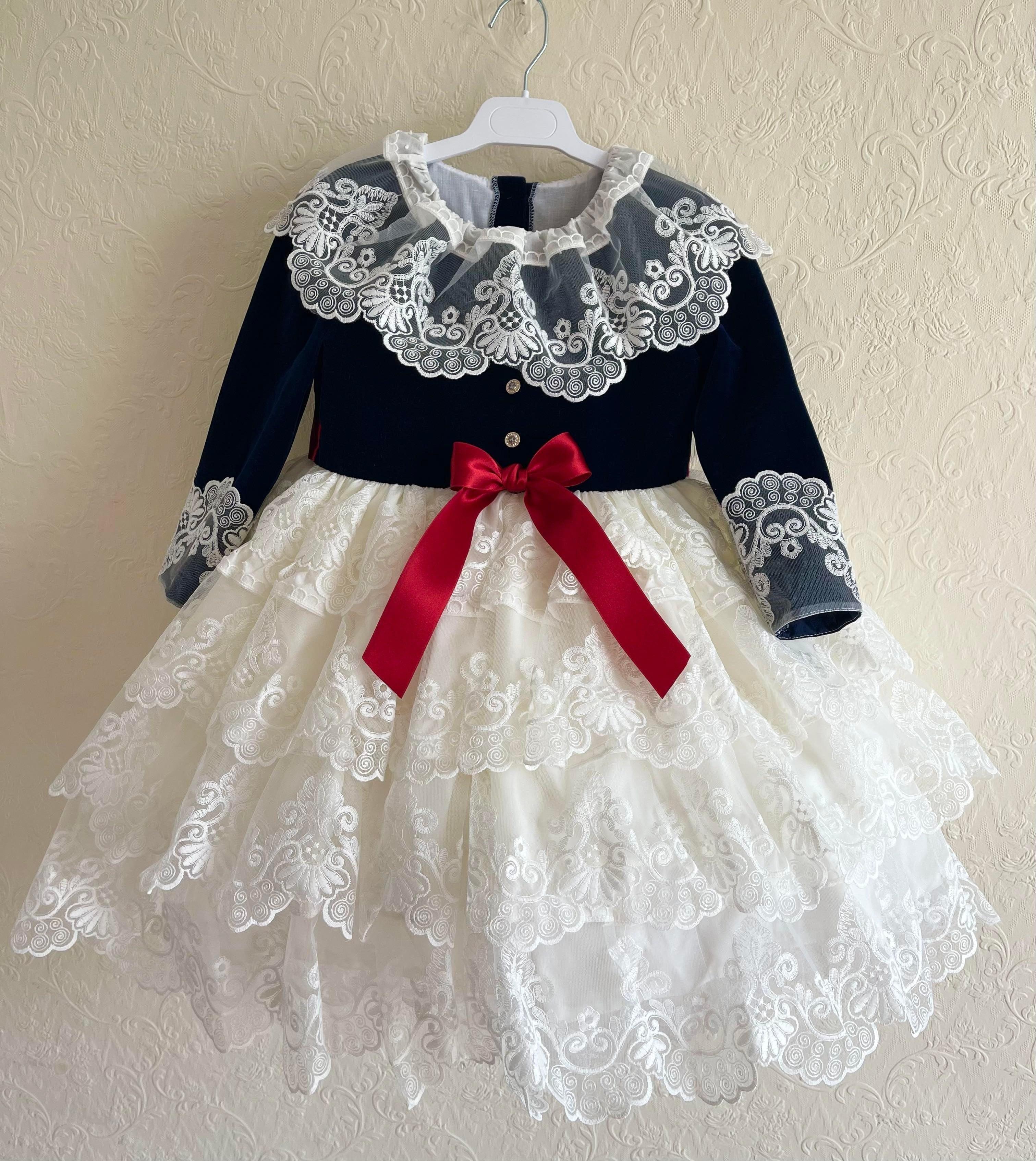 Exclusive JOY Navy Velvet & Cream Lace Dress Handmade to Order - Mariposa Children's Boutique