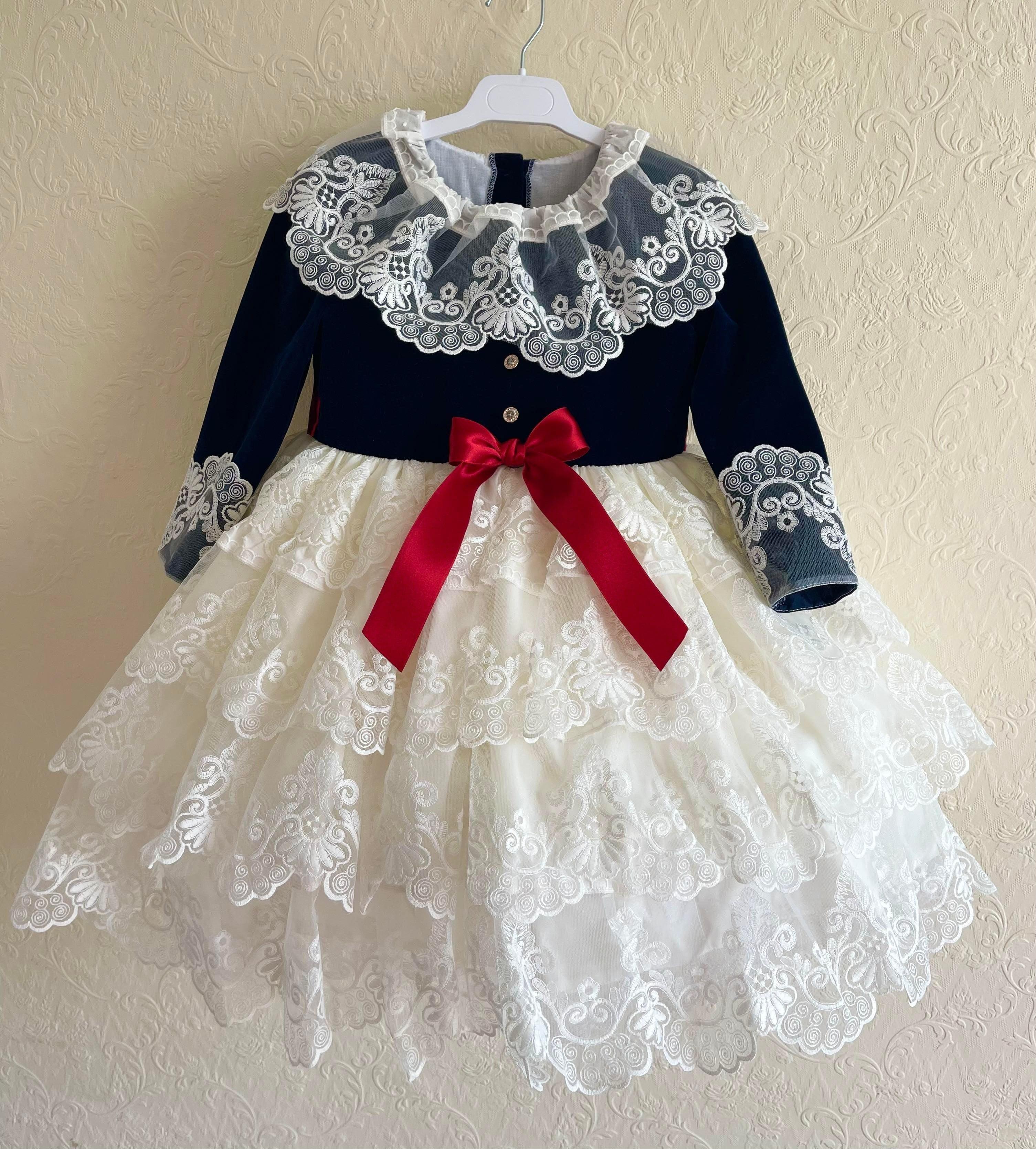 Exclusive JOY Navy Velvet & Cream Lace Dress Handmade to Order - Mariposa Children's Boutique