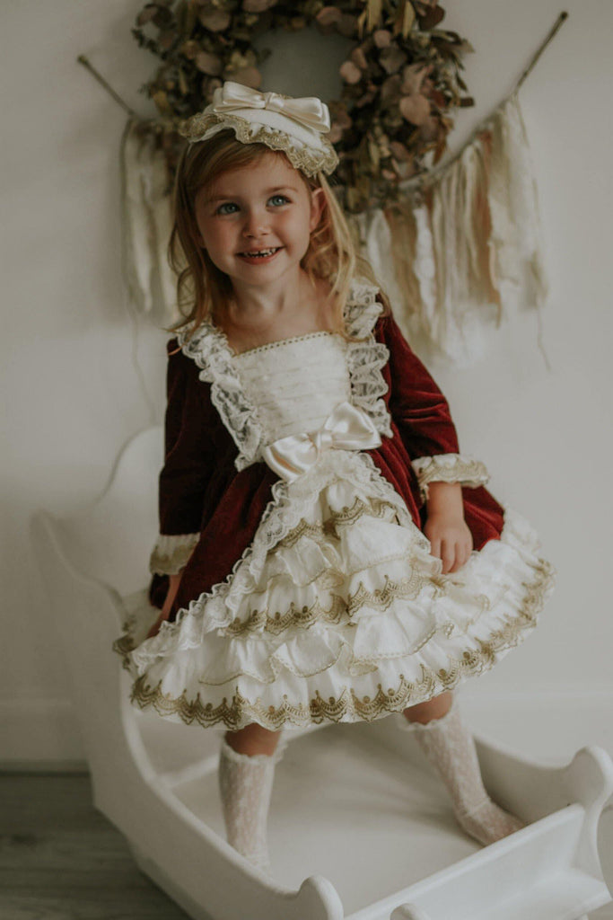 Exclusive PRE-ORDER - Merry BURGUNDY Velvet Dress - Mariposa Children's Boutique