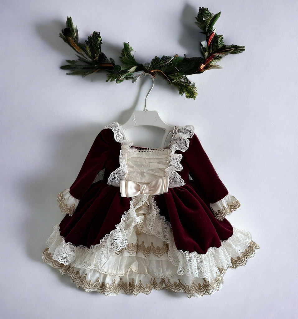 Exclusive Merry BURGUNDY Velvet Dress & Bonnet Age 6m IN-STOCK - Mariposa Children's Boutique