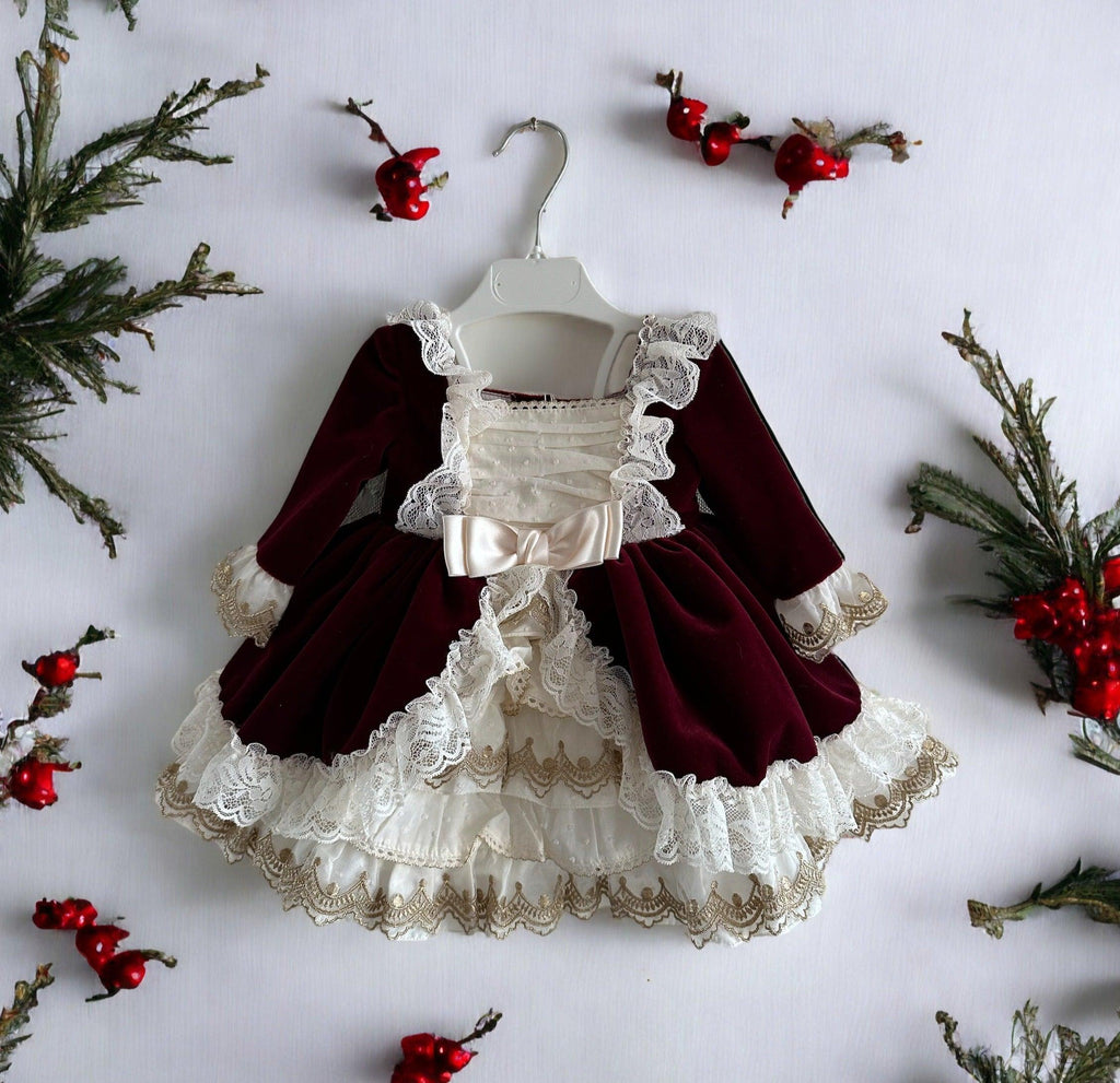 Exclusive Merry BURGUNDY Velvet Dress & Bonnet Age 6m IN-STOCK - Mariposa Children's Boutique