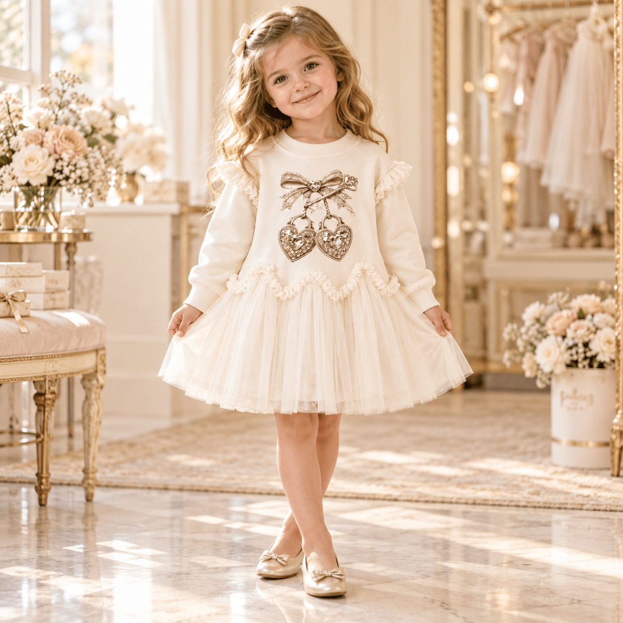 Giorgio Bambini Girls Beige Heart Lock Tulle Frill Sweater Dress | AW26