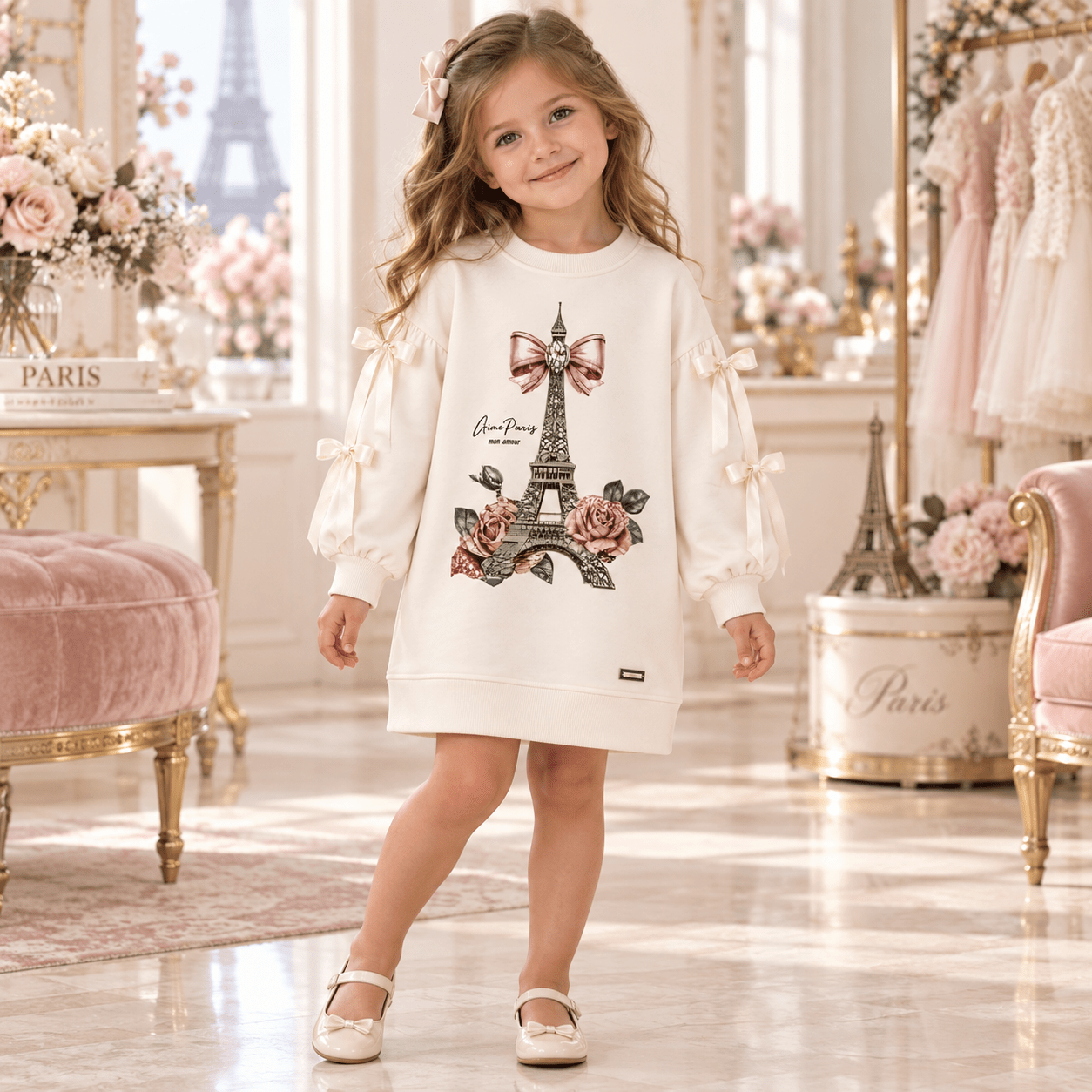 Giorgio Bambini Girls Beige Paris Bow Dress | AW26