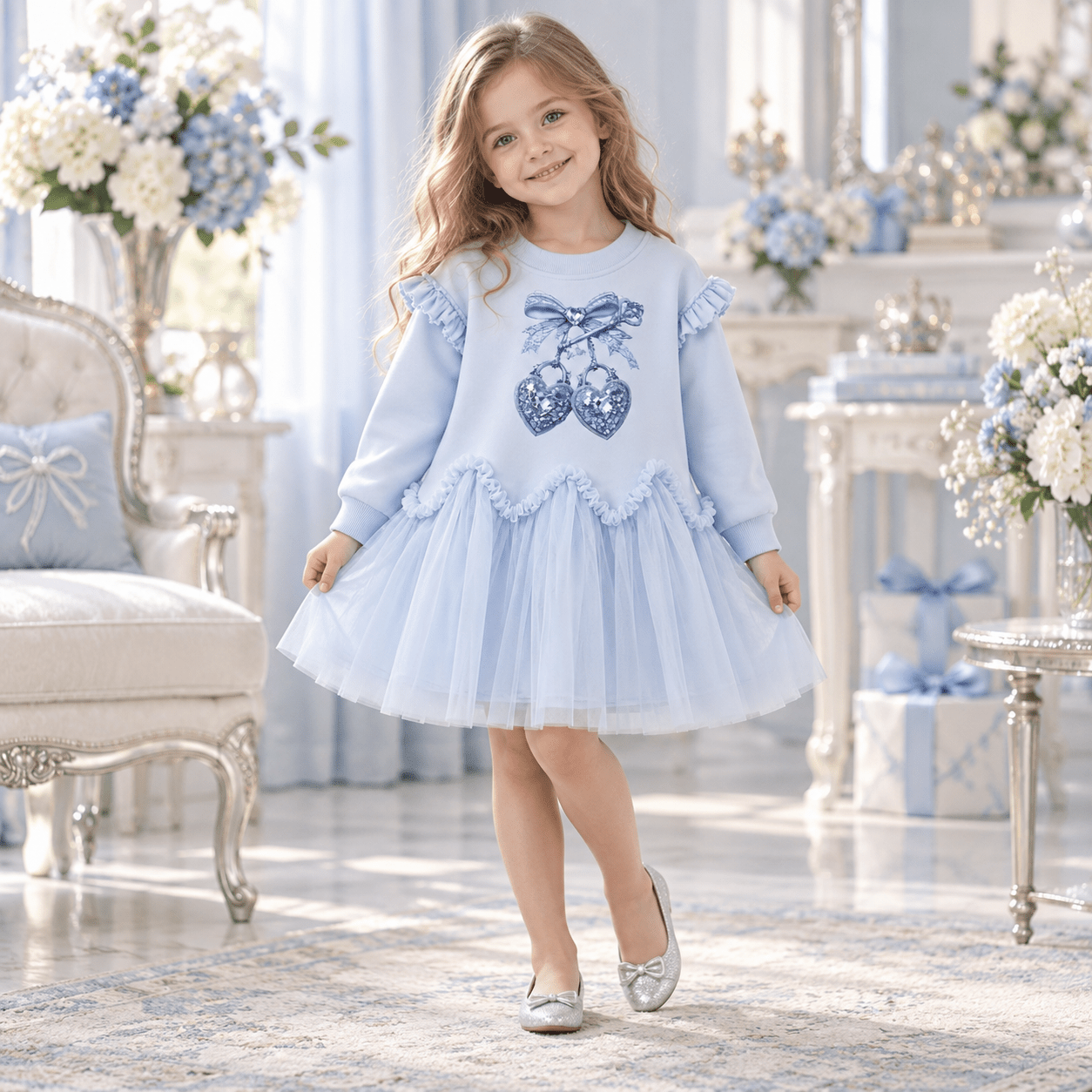 Giorgio Bambini Girls Blue Heart Lock Tulle Frill Sweater Dress | AW26