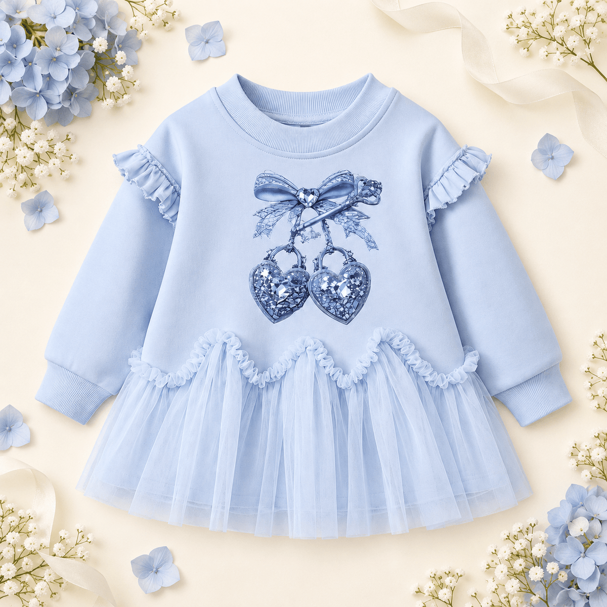 Giorgio Bambini Girls Blue Heart Lock Tulle Frill Sweater Dress | AW26