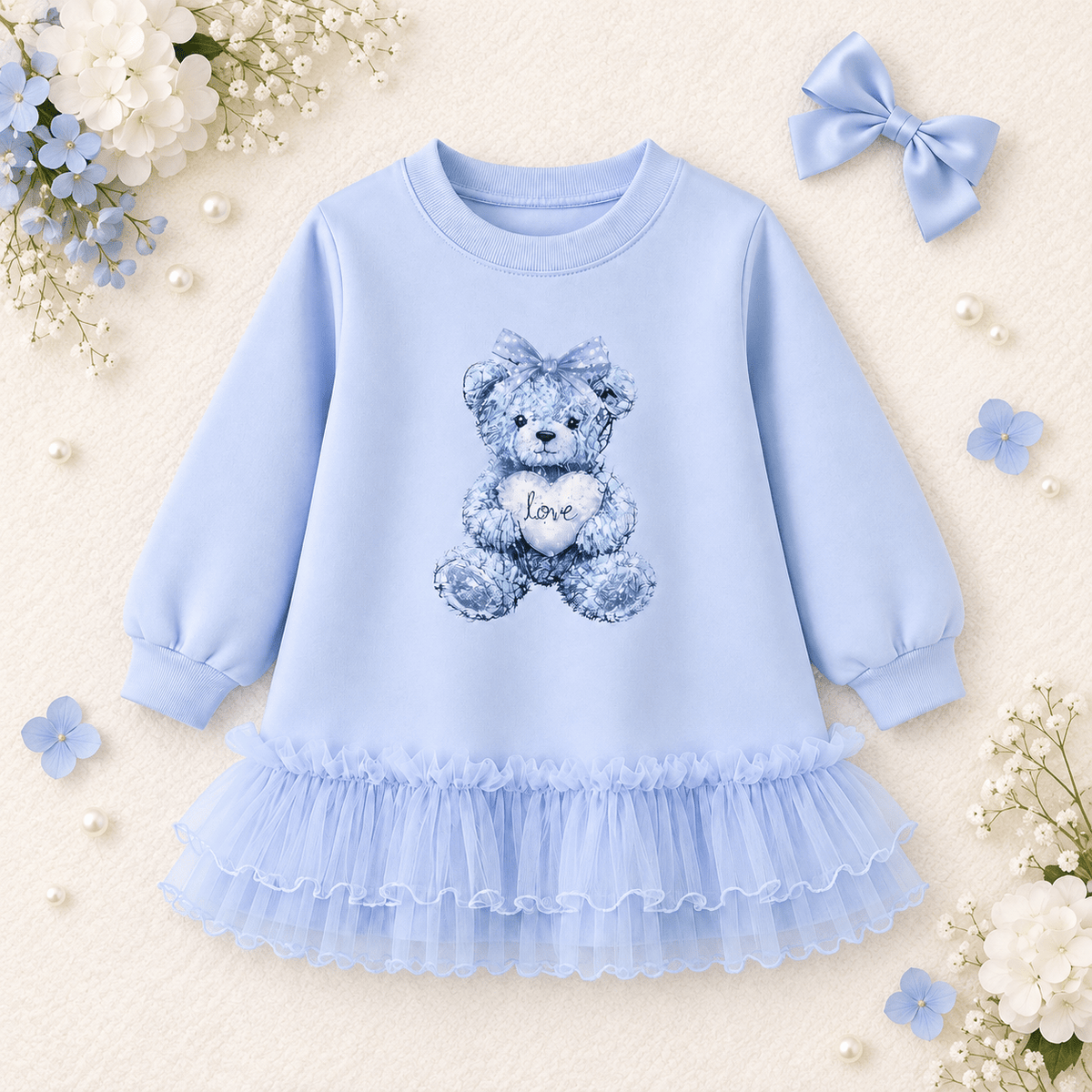 Giorgio Bambini Girls Blue Teddy Bear Tulle Frill Sweater Dress | AW26