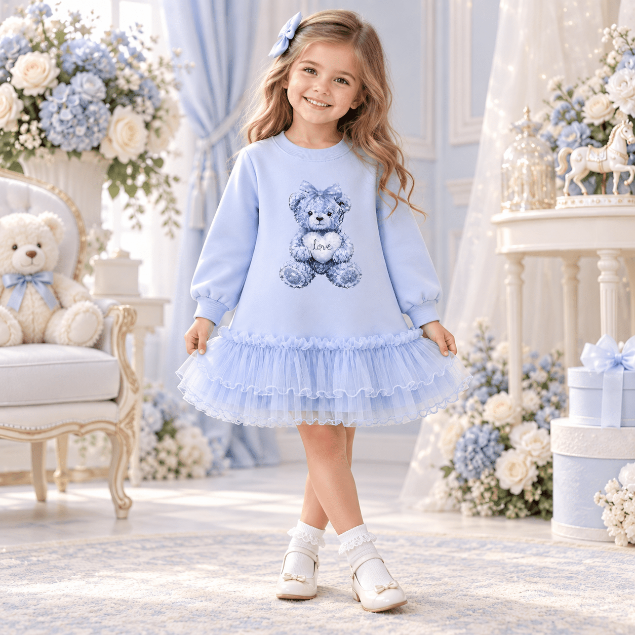 Giorgio Bambini Girls Blue Teddy Bear Tulle Frill Sweater Dress | AW26