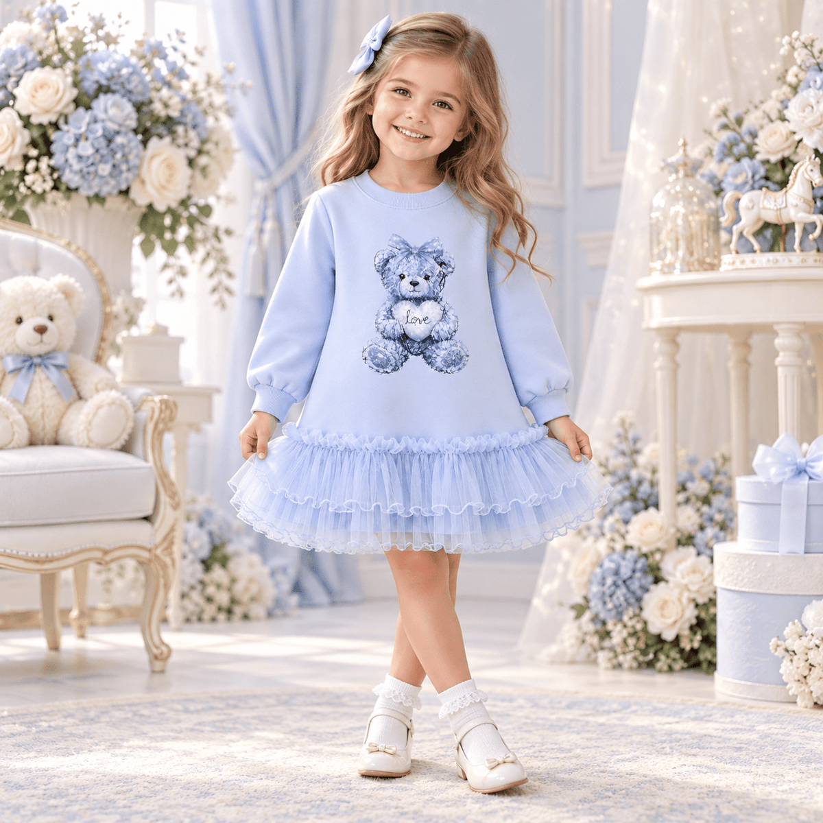 Giorgio Bambini Girls Blue Teddy Bear Tulle Frill Sweater Dress | AW26