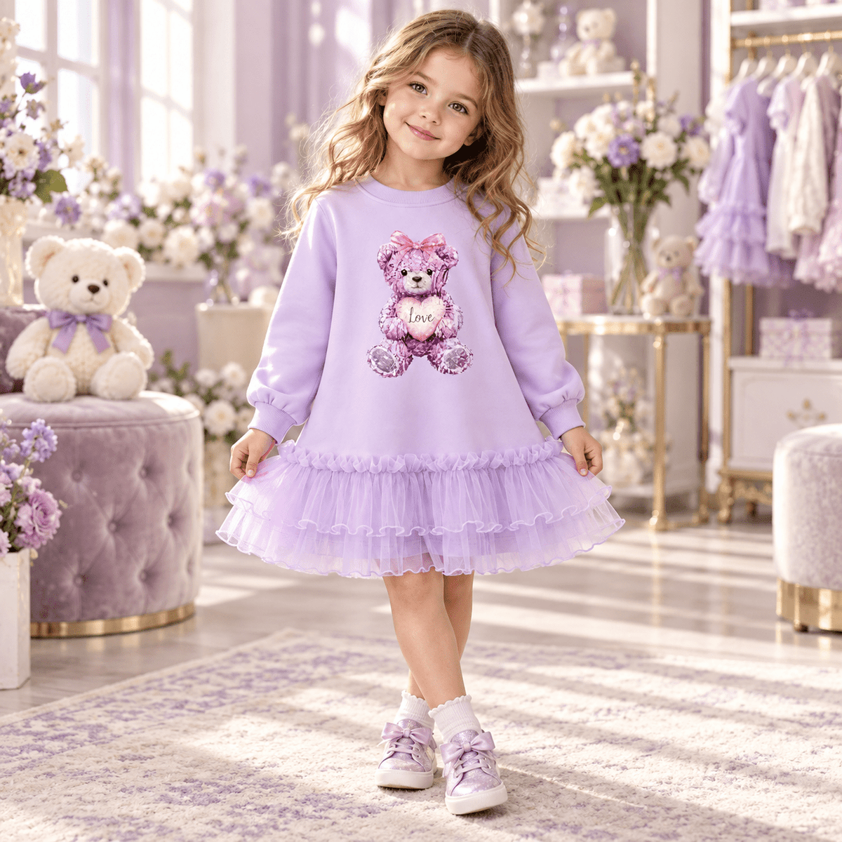 Giorgio Bambini Girls Lilac Teddy Bear Tulle Frill Sweater Dress | AW26