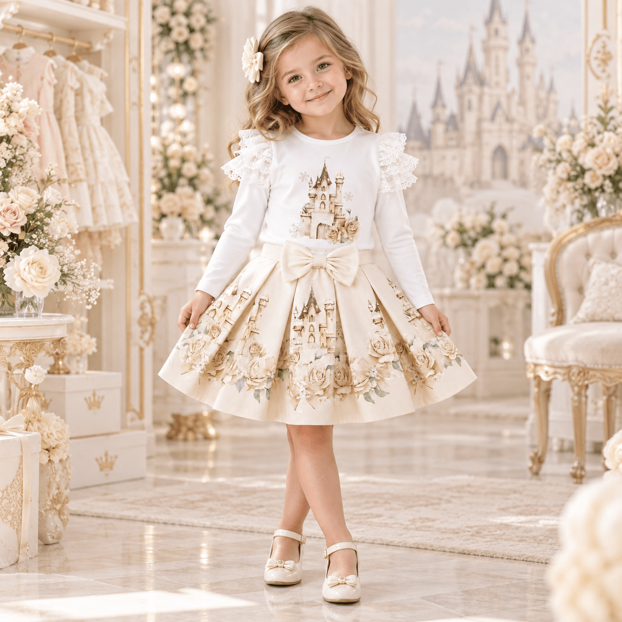 Giorgio Bambini Girls White & Beige Castle Skirt Set | AW26