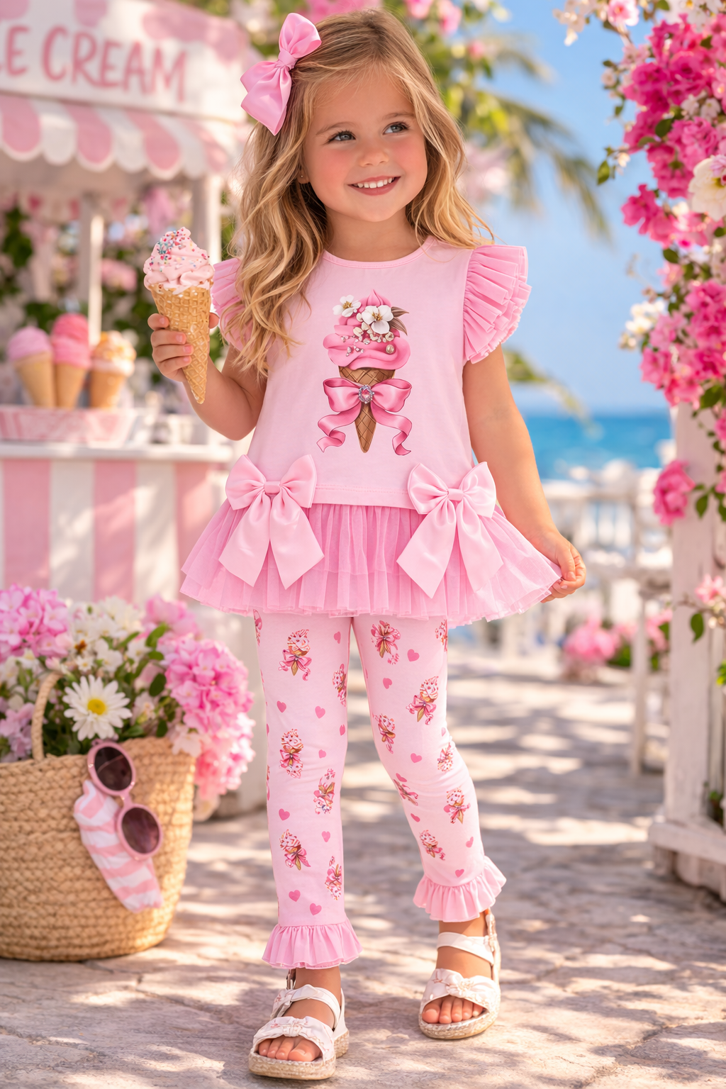 Girls Pink Ice-Cream Print Leggings and Top Set for Summer by Giorgio Bambini with a summer holiday background. 