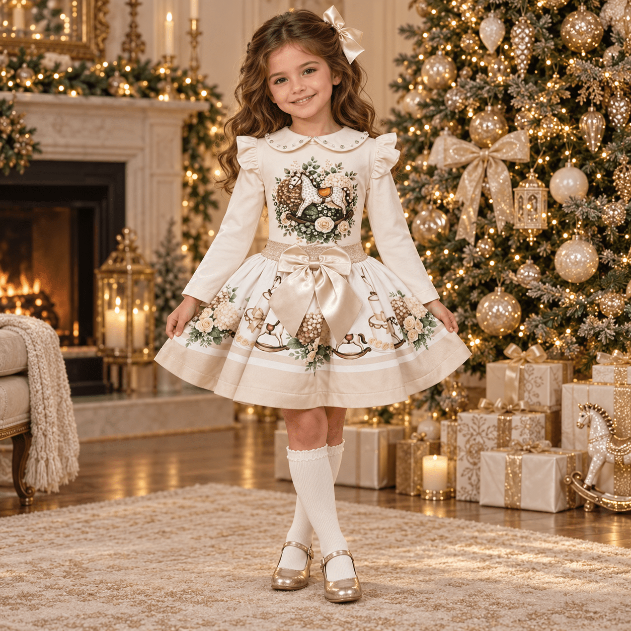A young girl stands in a decorated holiday living room wearing a cream and gold Christmas dress with embroidered woodland motifs, white knee-high socks, and gold shoes. A Christmas tree, fireplace, and wrapped gifts are visible in the background.