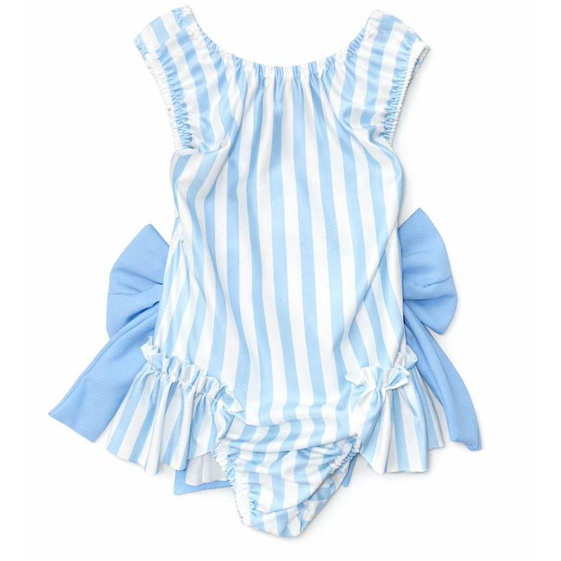 Girls Blue Stripe Bow Swimsuit 2–12 Years