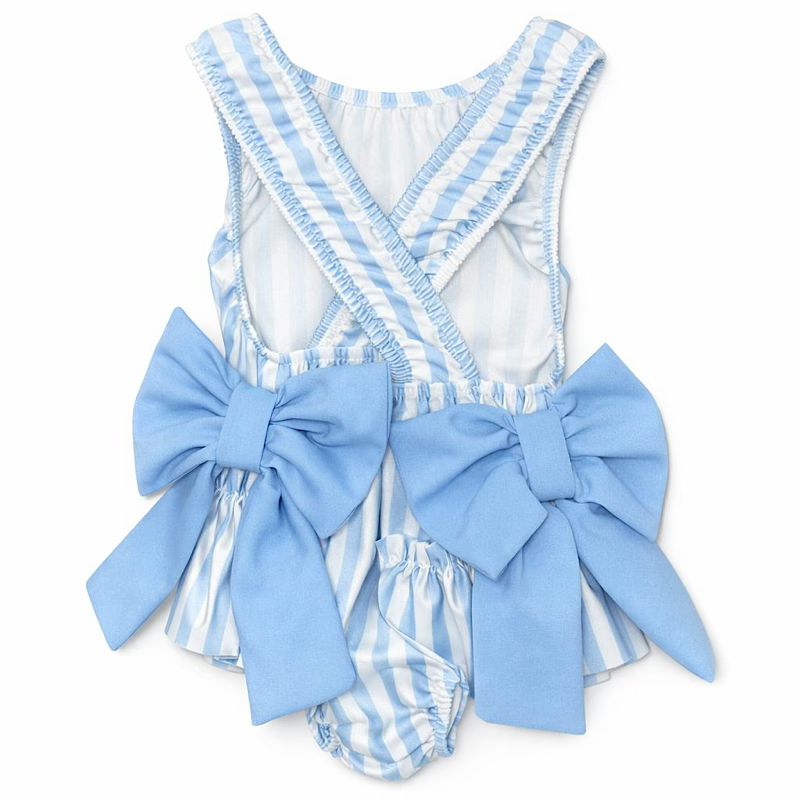Girls Blue Stripe Bow Swimsuit 2–12 Years